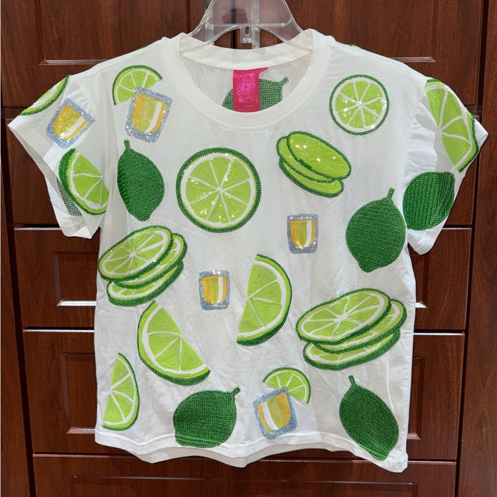 🍋‍🟩NWOT Queen Of Sparkles XS Sequined Lime And Tequila Tee - Picture 2 of 11